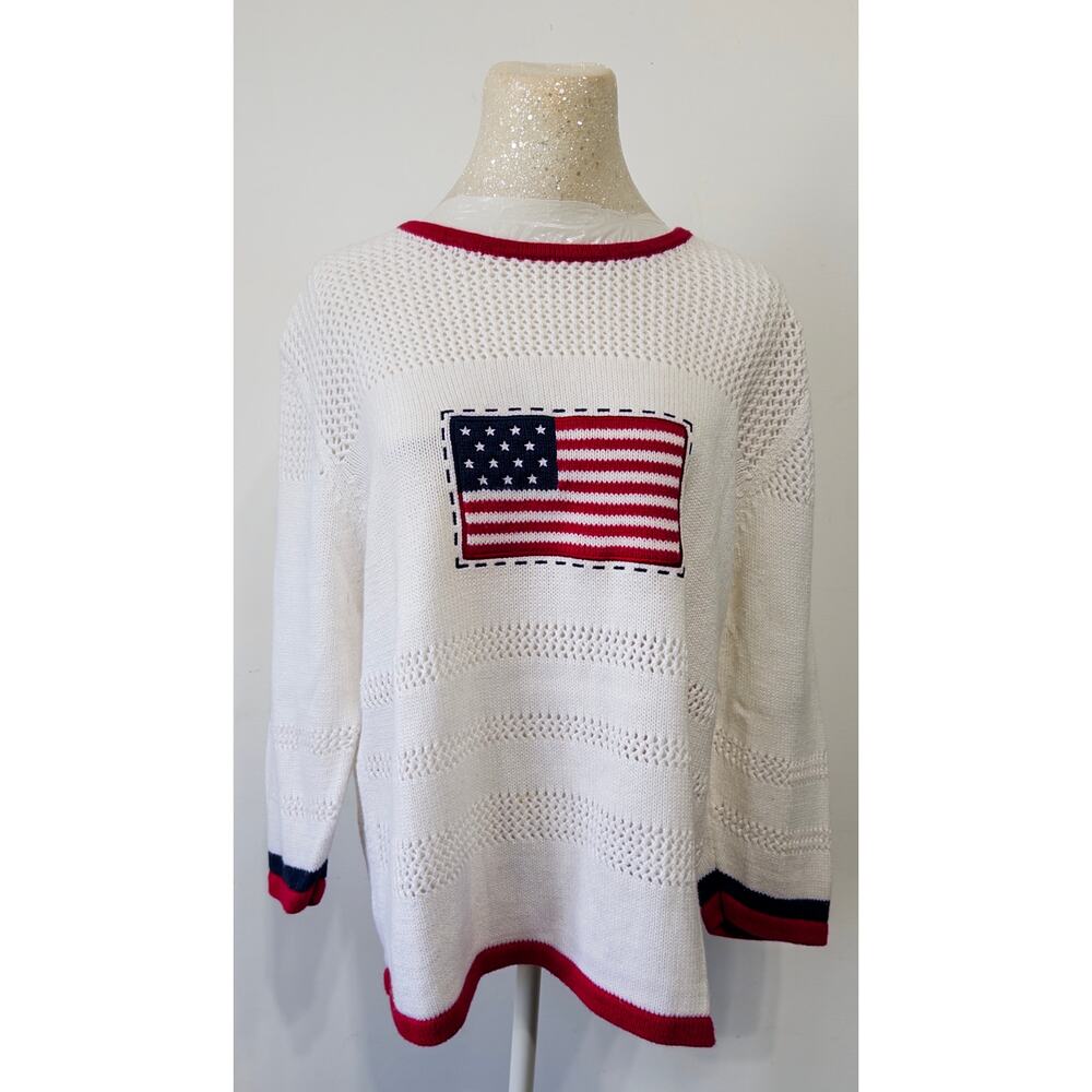 Patriotic women's knit sweater‎ with bold American flag sz L coastal americana